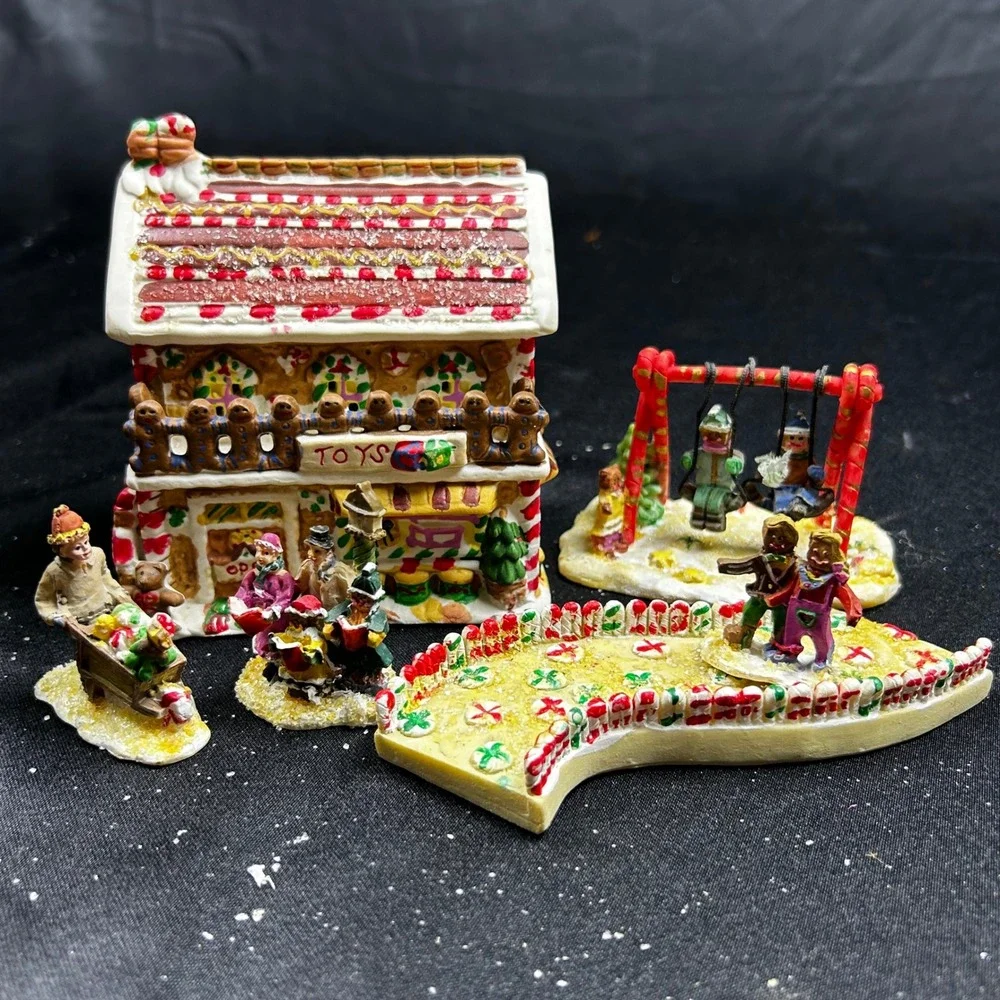 Gingerfrost Lane 2005 Christmas Village Toy Shop Bridge Swing Set Figures